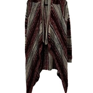 Open Front Waterfall Cardigan Burgundy Striped Sweater Women's Sz M Boho Cozy